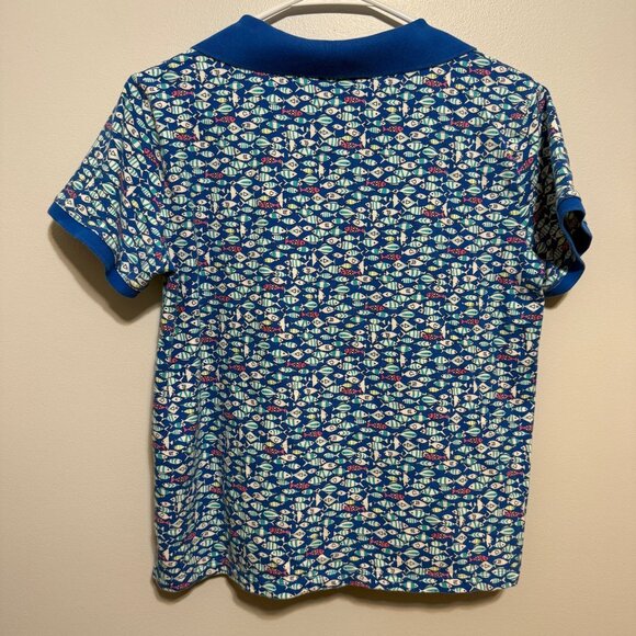 Lands End Polo Shirt Women's M Petite 10-12 Fish Print Short Sleeve Blue - Picture 7 of 7